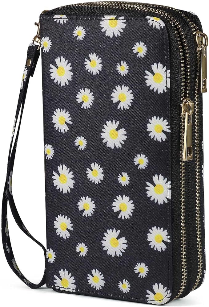 RFID Blocking Cellphone Wallet for Women with Wrist Strap, Double Zipper Travel Clutch Purse Large Capacity, Daisy by HAWEE