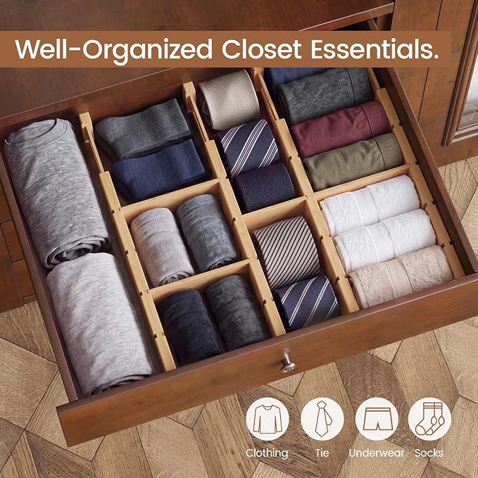 Bamboo Drawer Dividers 6 Pack with Inserts, Kitchen Adjustable Drawer Organizers for Home, Bedroom, Dresser, Expandable Organization 6 Dividers with 12 Inserts - Image 7