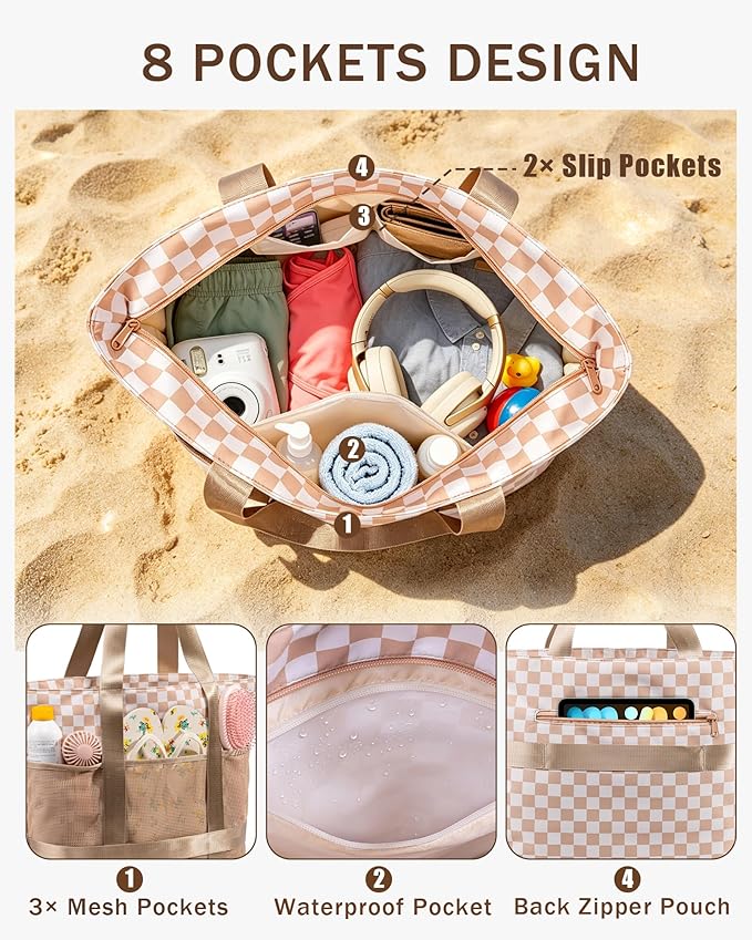 Large Beach Tote Pool Swim Bag for Women Sandproof with Wet Compartment | Waterproof 8 Multi-Pockets | Zipper Closure | Ideal for Travel, Cruise, Vacation, Picnic | Light & Quick-Dry Mesh - Image 5