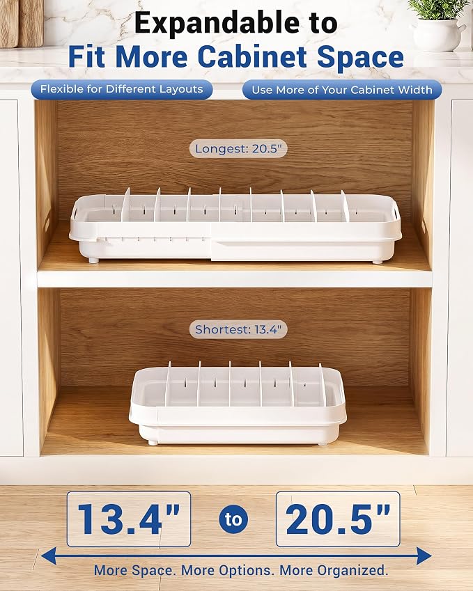 EVERIE Expandable Food Container Lid Organizer for Cabinet, Fits 12-Inch Deep or Deeper Cabinets , Adjustable 13.4" to 20.5", 8 Adjustable Dividers for lids , Drawer, Pantry and Kitchen Storage - Image 4