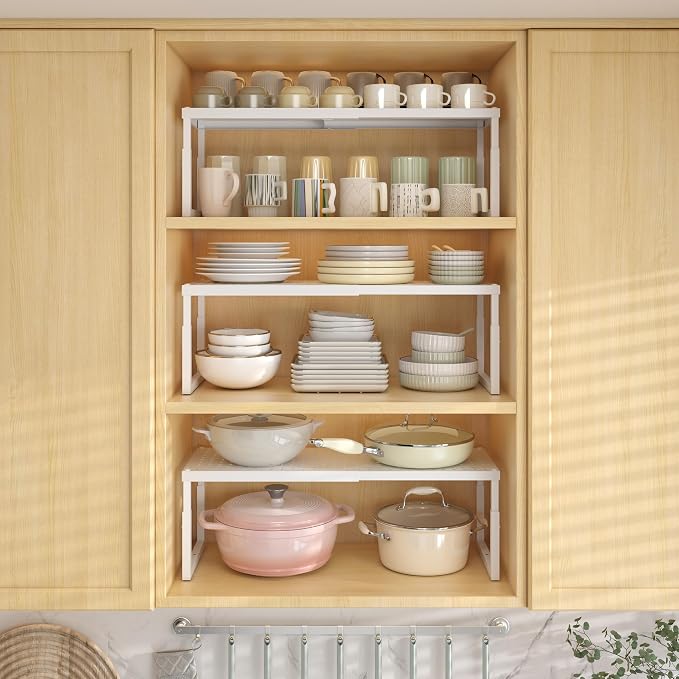 Shelf Organizer Riser For Cabinet Pantry Kitchen Countertop Cupbaord Closet | Expandable Width, Adjustable Height, Stackable As 2-Tier Shelf Rack, Snap-Button: Easily Adjust Height, Heavy Duty Metal - Image 2