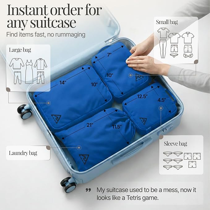8 pcs Compression Packing Bags Cubes Set with HybridMax Double-Capacity Design - Packing Cubes for Travel Compression to Maximize Limited Luggage Space, Blue - Image 3