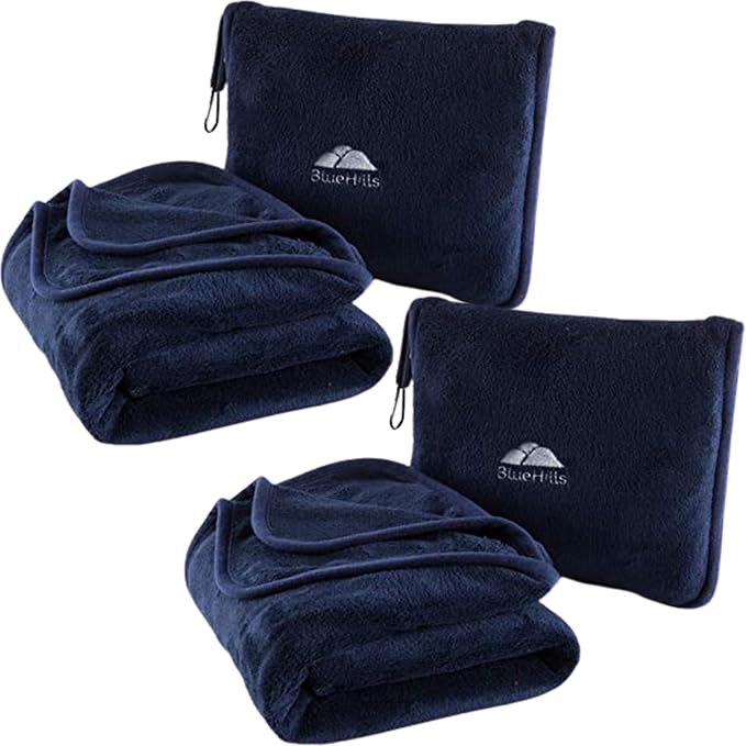 BlueHills Premium Soft 2-Pack Travel Blanket Pillows Airplane - Navy Blue | 2 Pack Travel Blanket Pillows for Two, Hand Luggage Belt & Carabiner, Matching Travel Gifts, Compact & Packable, Long Flights by BlueHills