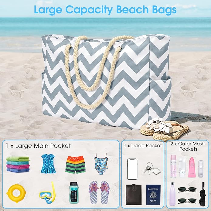 Becokan Beach Bags for Women Large Waterproof Beach Tote Bag Zipper Beach Bags Waterproof Sandproof Swim Pool Bag Large Tote - Image 7