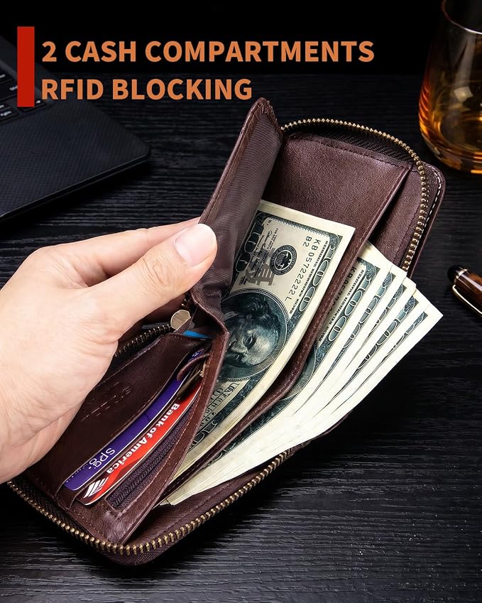 Men's Leather RFID Wallet with Zipper, 14 Card Slots, ID Window | Zippered coin pocket separates loose change; organized for commuting and everyday carry (Coffee) - Image 6