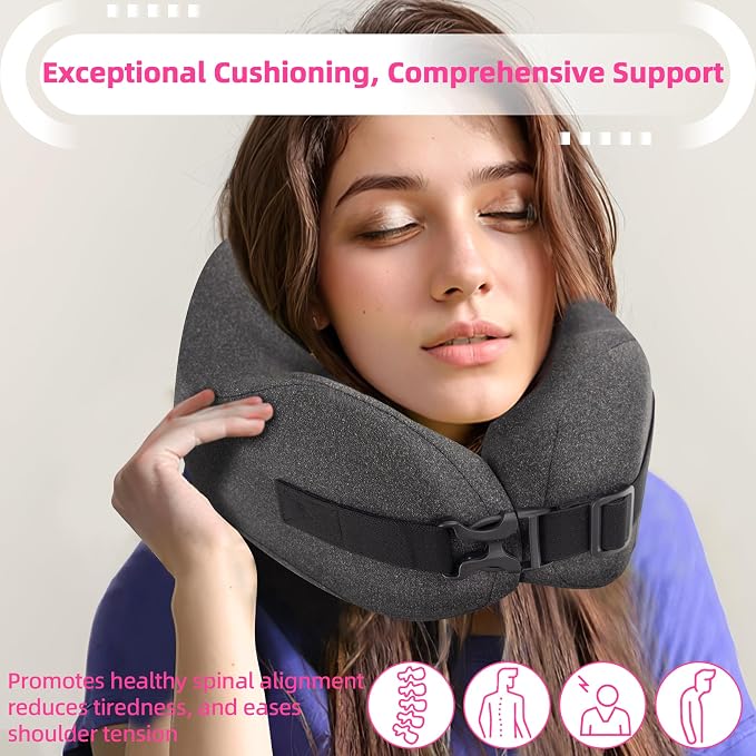 Neck Pillow Airplane Travel Set - Pure Memory Foam Travel Pillow for Long Flights Essentials, Sleeping with 3D Contoured Eye Mask, Earplugs, Portable Bag (Grayish) - Image 6