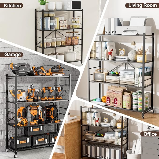 39.4" Wide 4-Tier Foldable Storage Shelves with Wheels & 20 Hooks | Heavy Duty Metal Folding Shelf Unit, No Assembly, Adjustable 3rd Shelf for Kitchen, Garage, Pantry, Bookshelf, Black - Image 7