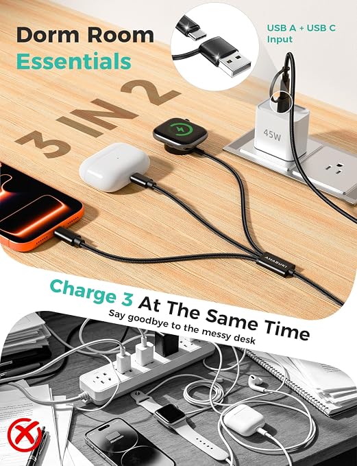 Travel Essentials,3 in 2 USB C Cable for Apple Watch Charger,iPhone Charger,Multi Charging Cable,Cruise Vacation Camping Portable for iWatch Series 11-2/Ultra/SE & iPhone 17-12,Car,Black-6FT - Image 2