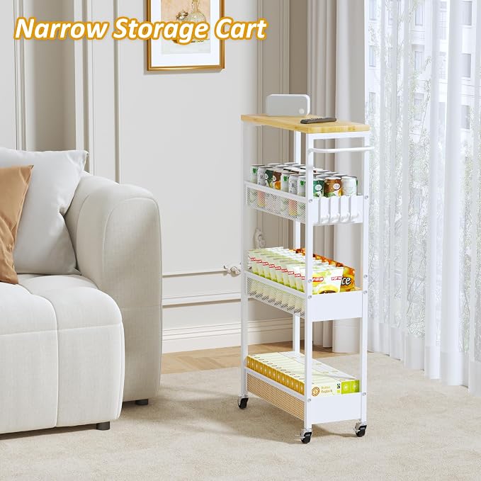 Vincona 7.1" Wide Slim Storage Cart on Wheels, 4 Tier Metal Narrow Rolling Cart with Handle and Wood Top, Multifunctional Small Mobile Shelf Unit Organizer Trolley for Laundry, Bathroom, Kitchen - Image 6