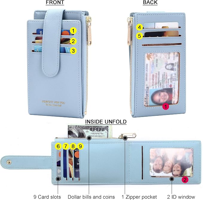 Badiya Slim Women Wallet RFID Blocking Bifold Compact 9 Card Slots Holder Wallets Soft Leather with Zipper Coin Pocket 2 ID Window - Image 5