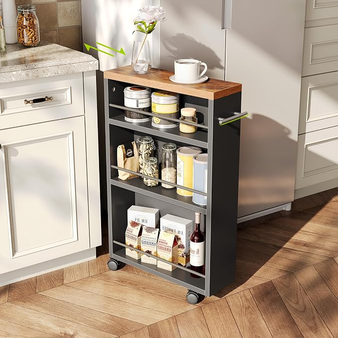 LITTLE TREE Slim Rolling Storage Cart, 3 Tier Snack Cart with Wheels for Kitchen, 6.3 Inch Wide Bathroom Organizer Shelves, Wooden Utility Cart for Laundry Room, Black - Image 8