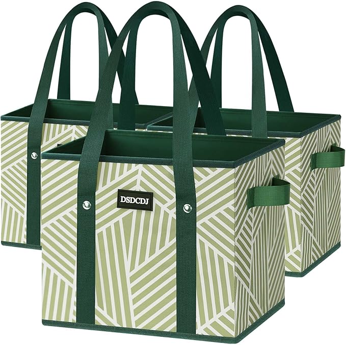 Reusable Grocery Bags 3 Pack - Heavy Duty Reusable Shopping Bags with Hard Bottom & Long Handles, Foldable Utility Tote Bag with Box Shape to Stand Up, 13x10.23x11in, Twill Green by DSDCDJ