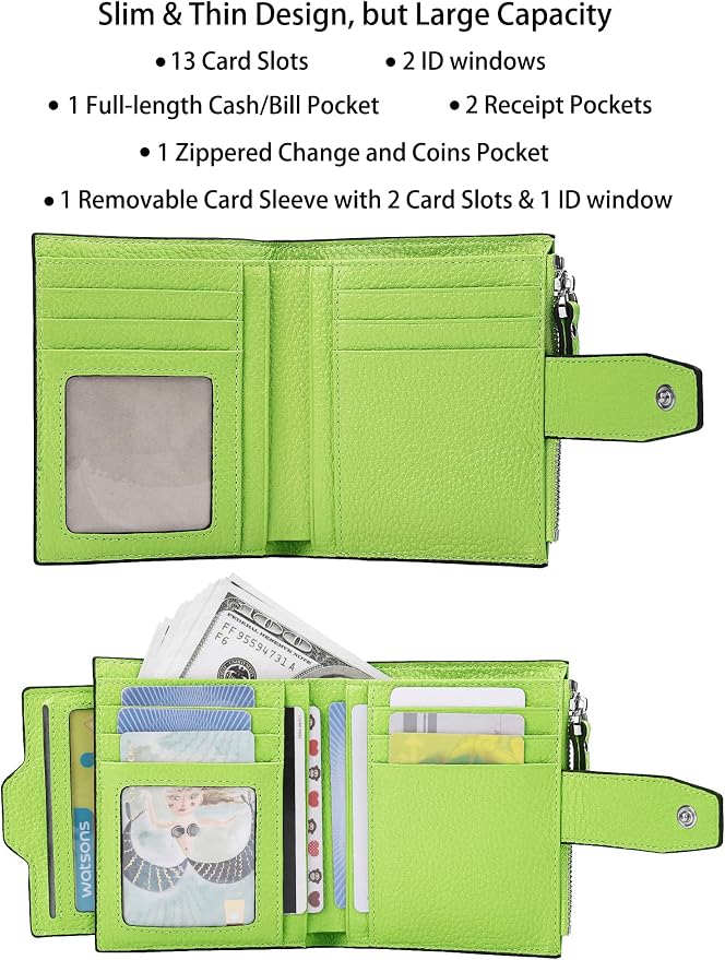 Women's RFID Blocking Leather Small Compact Bi-fold Zipper Pocket Wallet Card Case Purse with id Window - Image 2