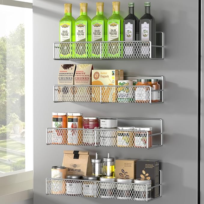 DTUQYX Magnetic Spice Rack for Refrigerator, 4 Pack 100% Metal Strong Magnet Fridge Shelves, Space Saving Spice Organizer, No Drilling Home Kitchen Laundry Room Storage Organization Moveable, Grey by DTUQYX