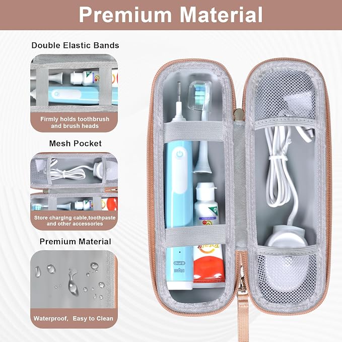 Travel Case for Oral-B/Oral-B Pro/Phlips Sonicare Electric Toothbrush with 2pcs Toothbrush Heads Cover Cap, Portable Hard Protective Storage Bag with Accessories Storage (Gold) - Image 3