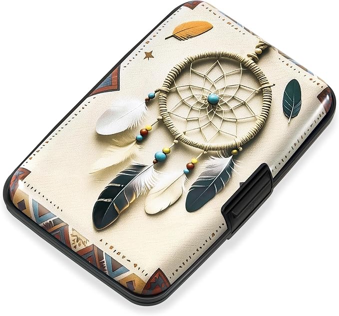 Mayski Credit Card Holder for Women RFID Blocking Wallet, Boho Feathers | Card Wallets for Women Small Mini Business Metal Accordion Aluminum Alloy Hard Case for Men by SLIMELEGANCEPERSONIFIED