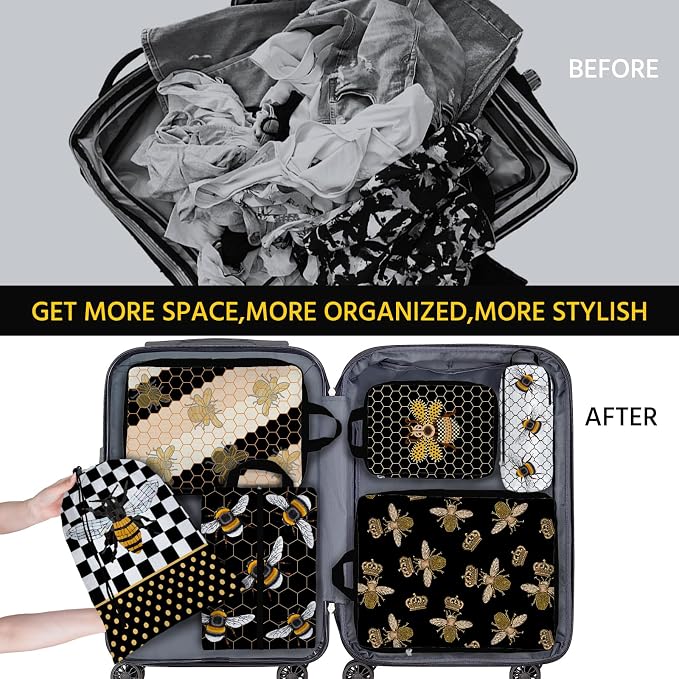 6 Pcs Compression Packing Cubes Waterproof Suitcase Travel Bag Luggage Backpack Organizer Travel Cubes for Packing-Black and Gold Bees - Image 6