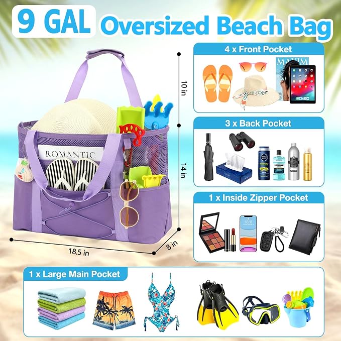 Fammart Mesh Beach Bag for Women, Large Beach Toy Pool Bag with Zipper Pocket, SandProof Cruise Essentials 2026 Family Travel - Image 3