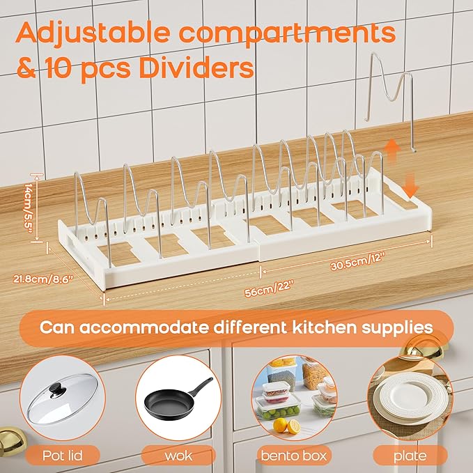 Nigelia Pots and Pans Organizer for Under Cabinet 22" Expandable Food Storage Container Lid Organizer with 10 Adjustable Dividers Pot and Pan Lid Holders Rack Inside Cabinet & Kitchen Countertop White - Image 4