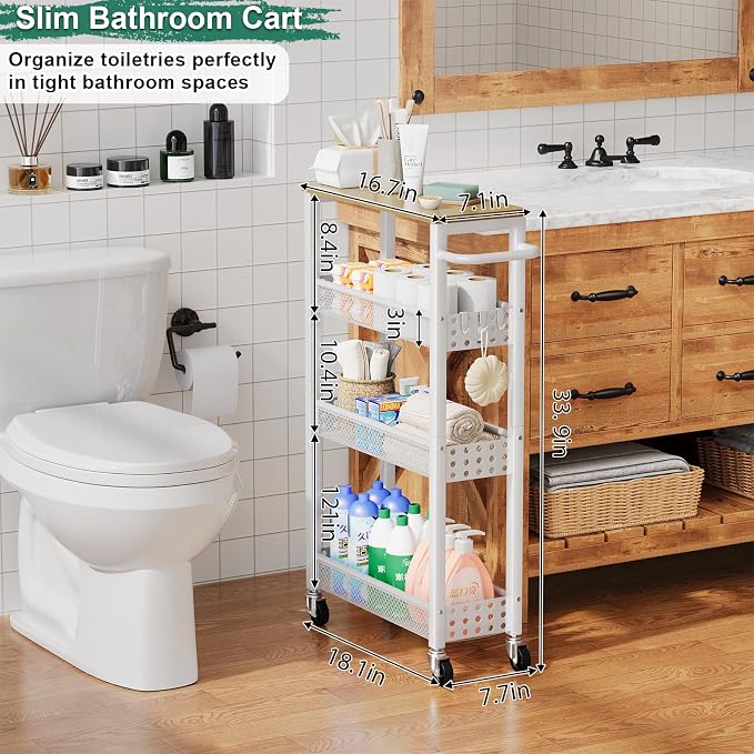Laundry Room Slim Rolling Cart with Wheels for Between Washer and Dryer Gap | Utility Narrow Laundry Room Organization and Storage Shelves, White Skinny Shelf with Table Top,Detergent Organizer Cabinet - Image 4