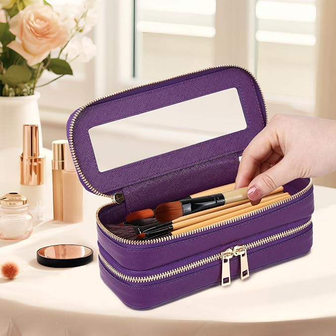 Pinkmik Double Layer Makeup Bag, D.Purple | Makeup Brush Case, Waterproof, Travel Cosmetic & Toiletry Organizer, Car Essentials for Women - Image 2