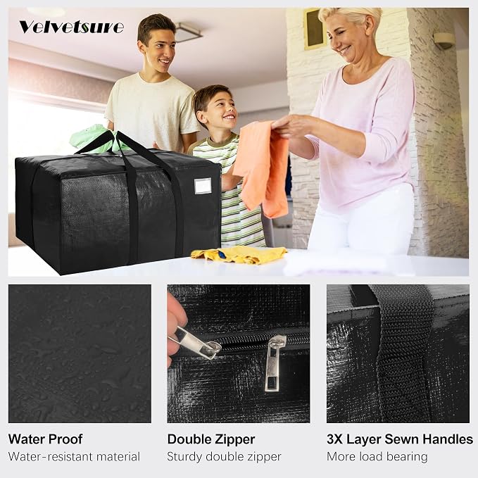 VELVETSURE 12 Pack Heavy Duty Extra Large Moving Bags W/Backpack Straps - Strong Handles & Zippers, Storage Totes For Space Saving, Fold Flat, Alternative to Moving Box and Storage Bin, Black - Image 3