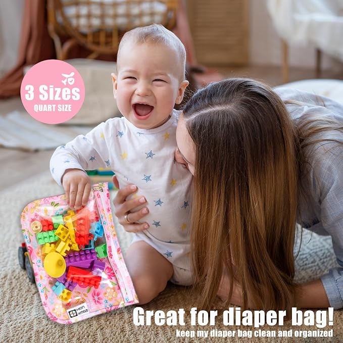 HIONXMGA Set of 3 Diaper Bag Organizing Pouches, Space-Saving, 3 Large Size | Clear Front Toiletry Bags Waterproof Zipper Pouches for Women Kids Toiletries Baby Essentials Well-Organized Carry, Pink - Image 4