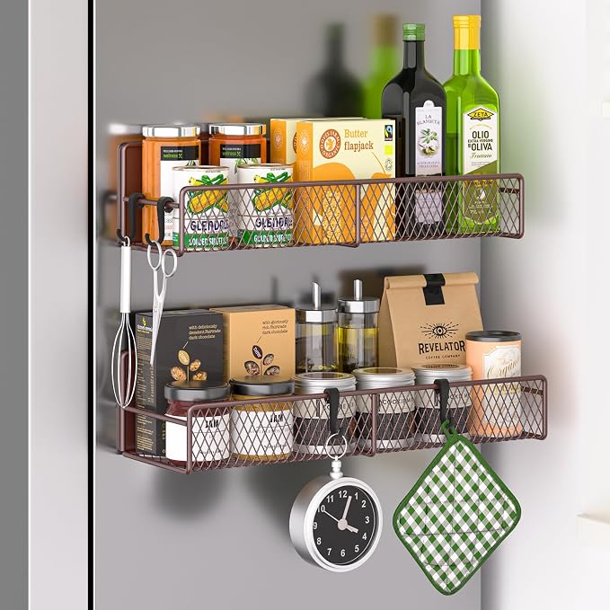 Magnetic Spice Rack for Refrigerator, 2 Pack 100% Metal Strong Magnet Shelf, Space Saving Spice Organizer W/ Hooks, Movable Magnetic Fridge Shelf, Kitchen Home Laundry Room Storage Organization, Brown by DTUQYX
