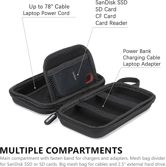 Ginsco Hard Shell Protection Case Electronic Accessories Organizer Pouch for MacBook Air/pro Adapter Chargers Cables Power Bank, for Sandisk Portable SSD Flash Disk SD Card (Black) - Image 5