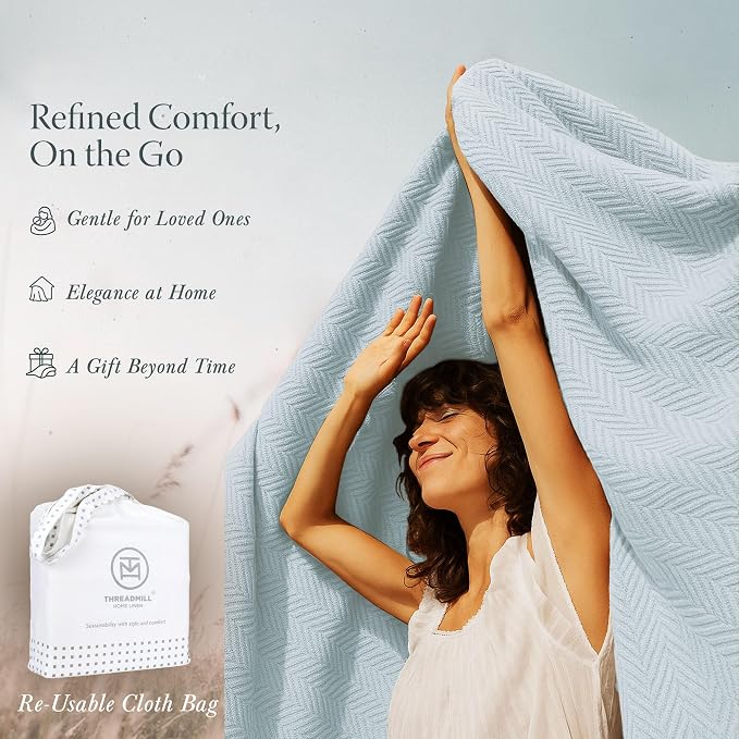 Threadmill Luxury Cotton Blankets for Queen Size Bed | All-Season 100% Cotton Queen Size Blanket | Herringbone Cozy, Soft Breathable Fall Thermal Blanket fits Full Size Bed | Light Blue | 100% Cotton, Herringbone Pattern, 90x92 in, Breathable, Moisture... - Image 7