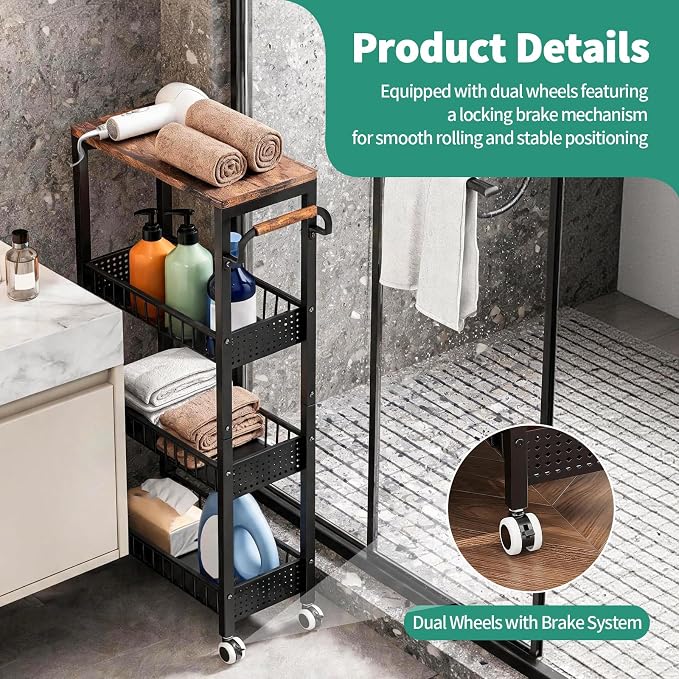 4 Tier Rolling Cart, Metal Utility Slim Storage Carts with Wheels, Small Mobile Shelf Unit Organizer Trolley with Handle and Wood Top, Rolling Cart for Laundry, Bathroom, Kitchen - Image 5