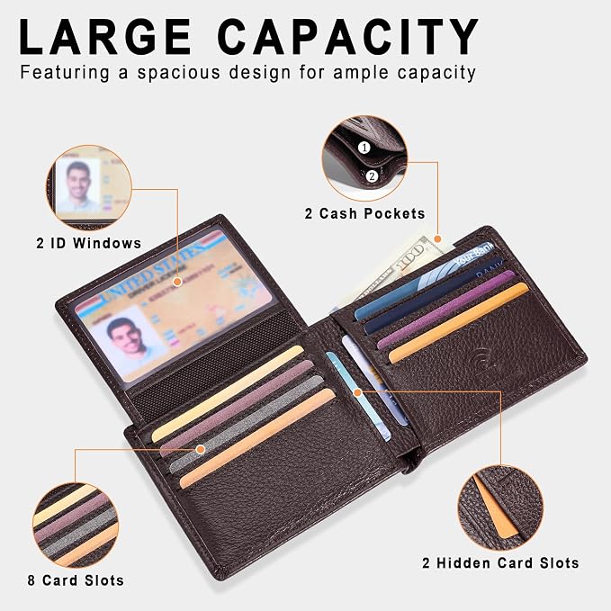Travelambo Genuine Leather Wallet for Men with Gift Box - Handmade Bifold Stylish - Mens Wallets Rfid Blocking with 2 ID Windows - Image 5