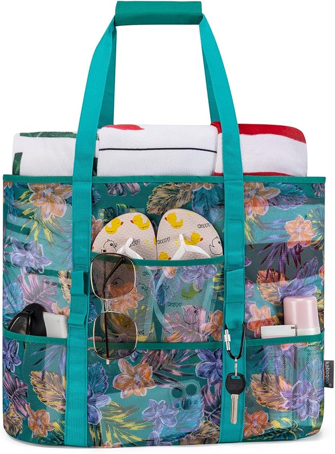 KABAQOO Mesh Beach Bag, Extra Large Beach Bags with 9 Pockets & Zipper Waterproof Lightweight Beach Tote for Beach/Pool Trip by KABAQOO