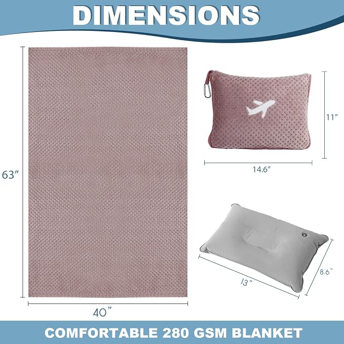 3 in 1 Travel Pillow and Blanket Set - 280 GSM Travel Blanket Airplane Compact with Bag, Inflatable Travel Pillow, Packable Airplane Blanket, Luggage Sleeve & Backpack Clip (Pink) - Image 7