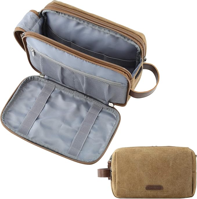 BAGSMART Toiletry Bag for Men, Canvas Travel Toiletry Organizer Dopp Kit Water-resistant Shaving Bag for Toiletries Accessories,Khaki-Medium by BAGSMART