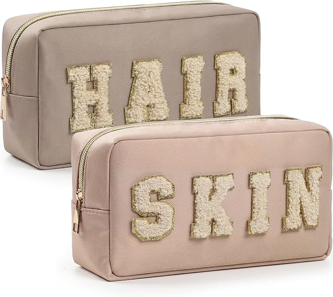 Preppy Makeup Bags Chenille Letter Stuff Bag Nylon Cosmetic Pouch Cases with Zipper for Women Travel Toiletry(Apricot Color,Classic,2 Pcs) by Cunno