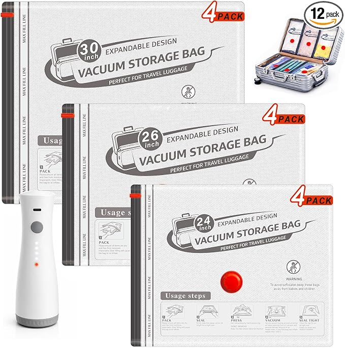 Travel Vacuum Bags with Wireless Rechargeable Pump, Vacuum Seal Bags for Clothing, Compression Space Saver for Luggage & Suitcase, 12 Combo Travel Size by QIJIAYIHome