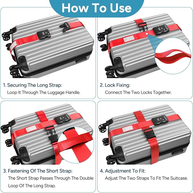 Travel Inspira Heavy Duty Luggage Straps with TSA Lock | Cross-Strap Design; 103-200cm Length; TSA Lock with Tag; Nylon Webbing; Quick Buckle; High Visibility Red;Anti-Burst - Image 6