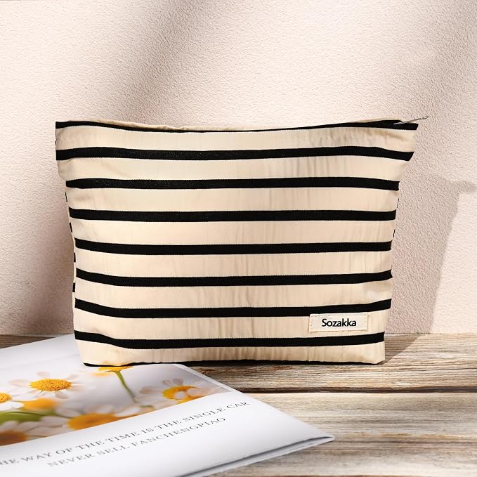 SOIDRAM 2 Pieces Makeup Bag Large Stripe Cosmetic Bag Capacity Canvas Travel Toiletry Bag Organizer Cute Makeup Brushes Aesthetic Accessories Storage Bag for Women, Stripe L Black White - Image 8
