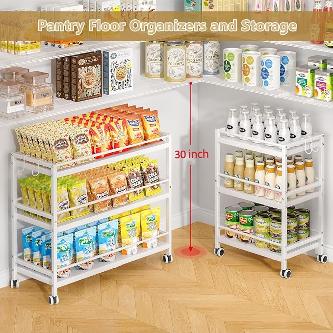 3-Tier Expandable Rolling Pantry Organizers and Storage Cart with Wheels, Adjustable Pantry Floor Organizer, Snack Cart for Pantry, Kitchen Storage Cart with 4 Hooks for Snack, Food, Vegetables, White - Image 3