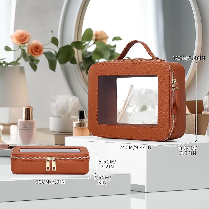 Pinkmik Clear Makeup Bag with Brush Bag, (Brown, L+SLIM) | 2pcs, Waterproof, Travel Case for Cosmetics and Toiletries, Women's Cosmetic Organizer, with Zipper - Image 2