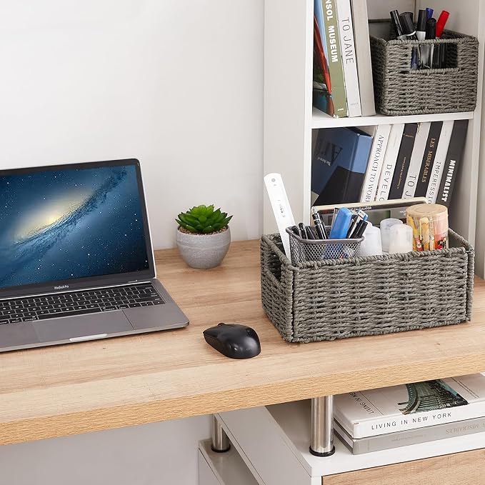 Wicker Storage Basket, Set of 2 Hand-Woven Paper Rope Wicker Basket, Small Storage Baskets for Organizing Toilet Paper, Foldable Large Cube Storage Organizer Bins for Shelves (Grey) - Image 6