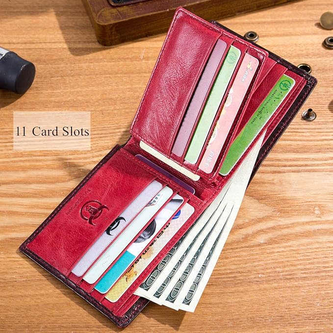BULLCAPTAIN RFID Wallets for Men,Genuine Leather Wallet QB-05（Crimson ） | Slim,Bifold,Front Pocket Wallet, 2 ID Windows,11 Card Slots,RFID Blocking TechnologyGift Choice - Image 4