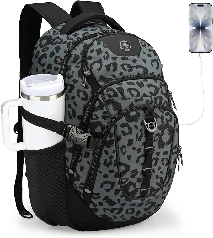 Swissdigital Laptop Backpack, Gray Leopard | USB Charging Port, Travel Backpack, 31l Capacity, For Men by SwissdigitalDesign