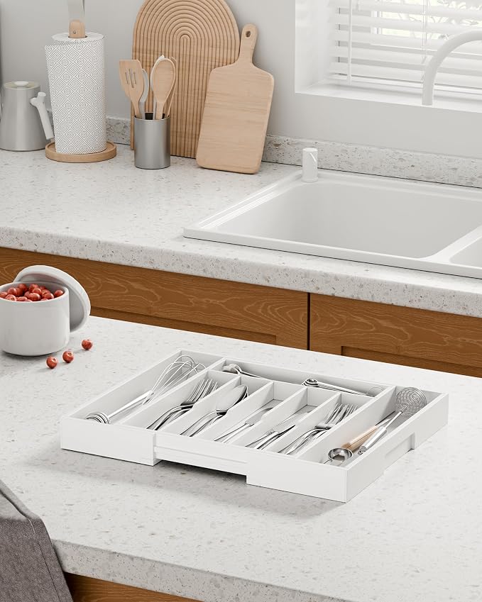 Kitsure Silverware Organizer, Bamboo Kitchen Drawer Tray, White, Large | Expandable Drawer Kitchen Organizer, Cooking Utensils & Cutlery, Sturdy & Thickened Design, Storage Solution - Image 3