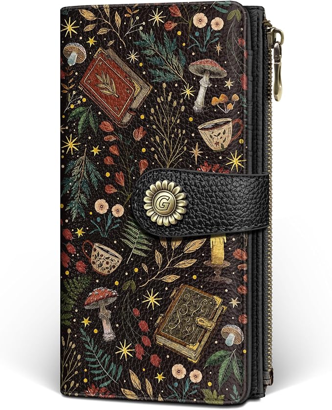 GIANCOMICS Book Mushroom Womens Wallet RFID, Goth Credit Card Holder Bifold | Billfold, Cute Cash Purse, Travel Zipper Coin Pocket, Compact Clutch, PU Leather, ID Window, 11 Card Slots, Ladies Gift Woman by Giancomics