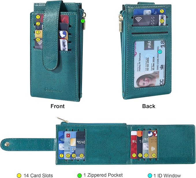Chelmon Women's RFID Slim Card Holder Wallet | Thin Bifold Multi Card Case with Zipper Coin Pocket Purse for Women(Peacock Blue) - Image 4