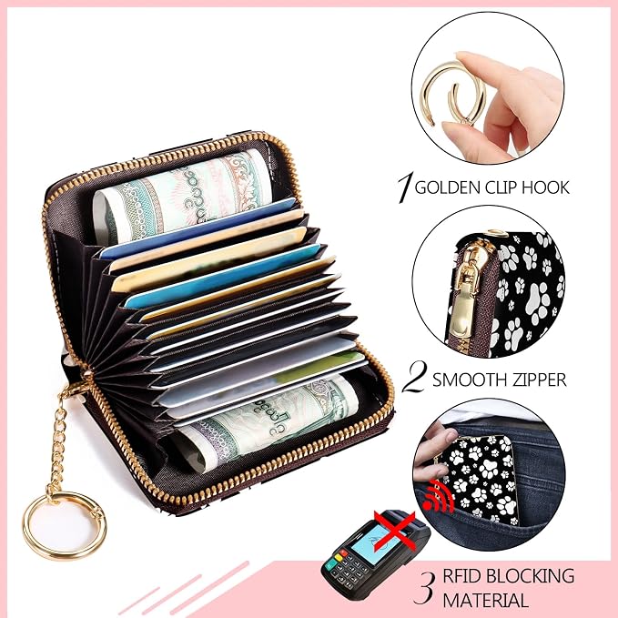 Blusabaca RFID Credit Card Holder Small Women Travel Wallet, Black Dog Paw | Removable Keychain, Case with Zipper, Vegan PU Leather, Cash Coin Pocket, Business Accordion Purse, Ladies Female Gift - Image 5