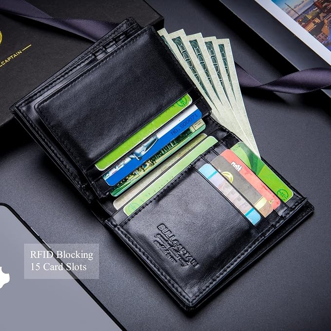 BULLCAPTAIN Large Capacity Genuine Leather Wallet for Men QB-027 | Bifold Wallet,RFID Blocking,Credit Card Holder,15 Card Slots,Special Expandable Design,gift choice - Image 4