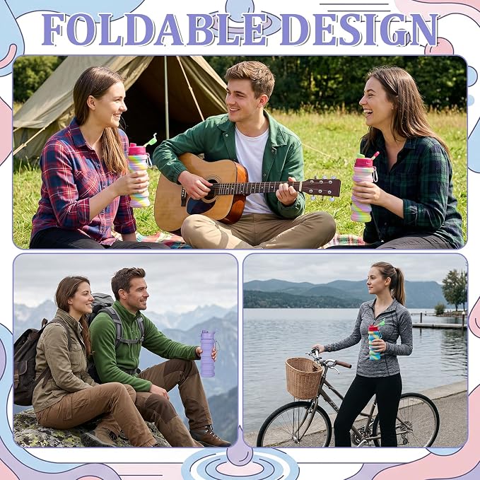 8 Pcs Collapsibles Water Bottles, 16 oz Portable Foldable | Water Bottle with Metal Clip Silicone Leakproof Travel Water Bottle Reusable Sports Waters Bottles for Travel Camping Cycling - Image 7
